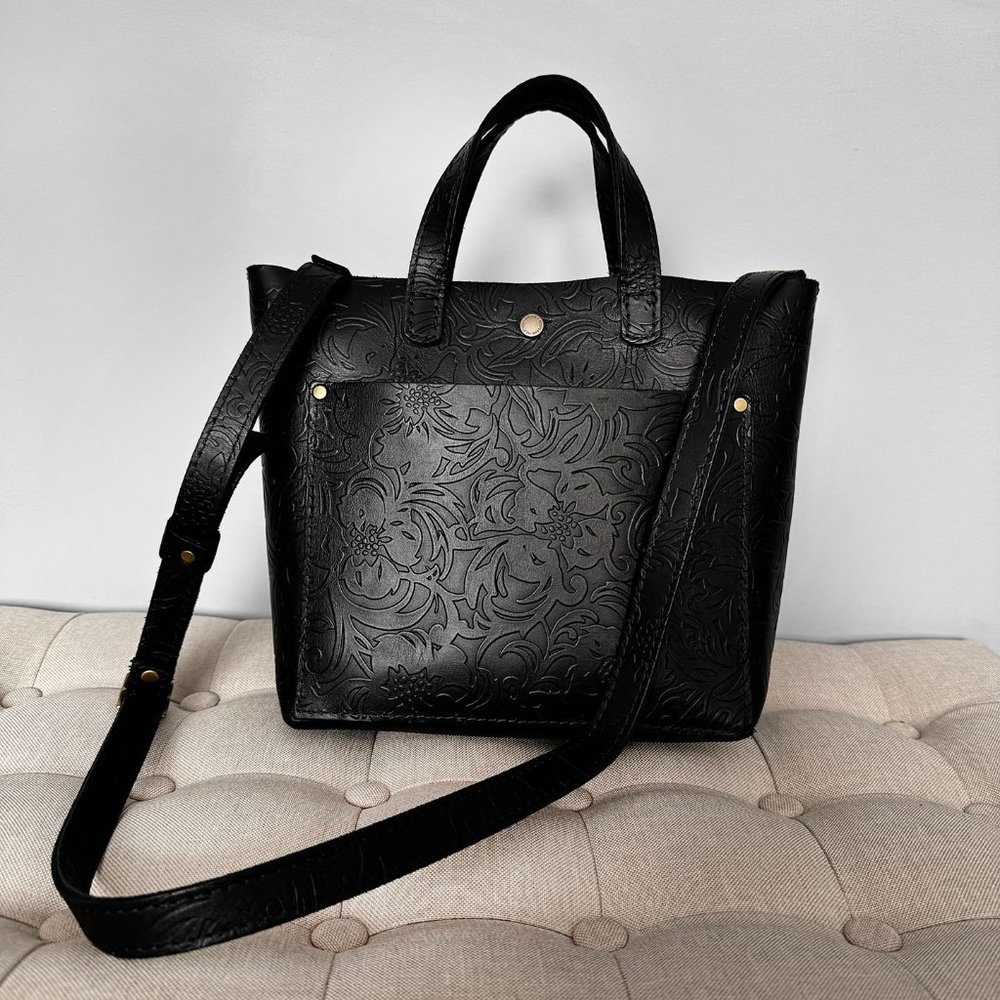 Portland Leather Goods Mini Black Leather Crossbody Tote in DAHLIA with Snap